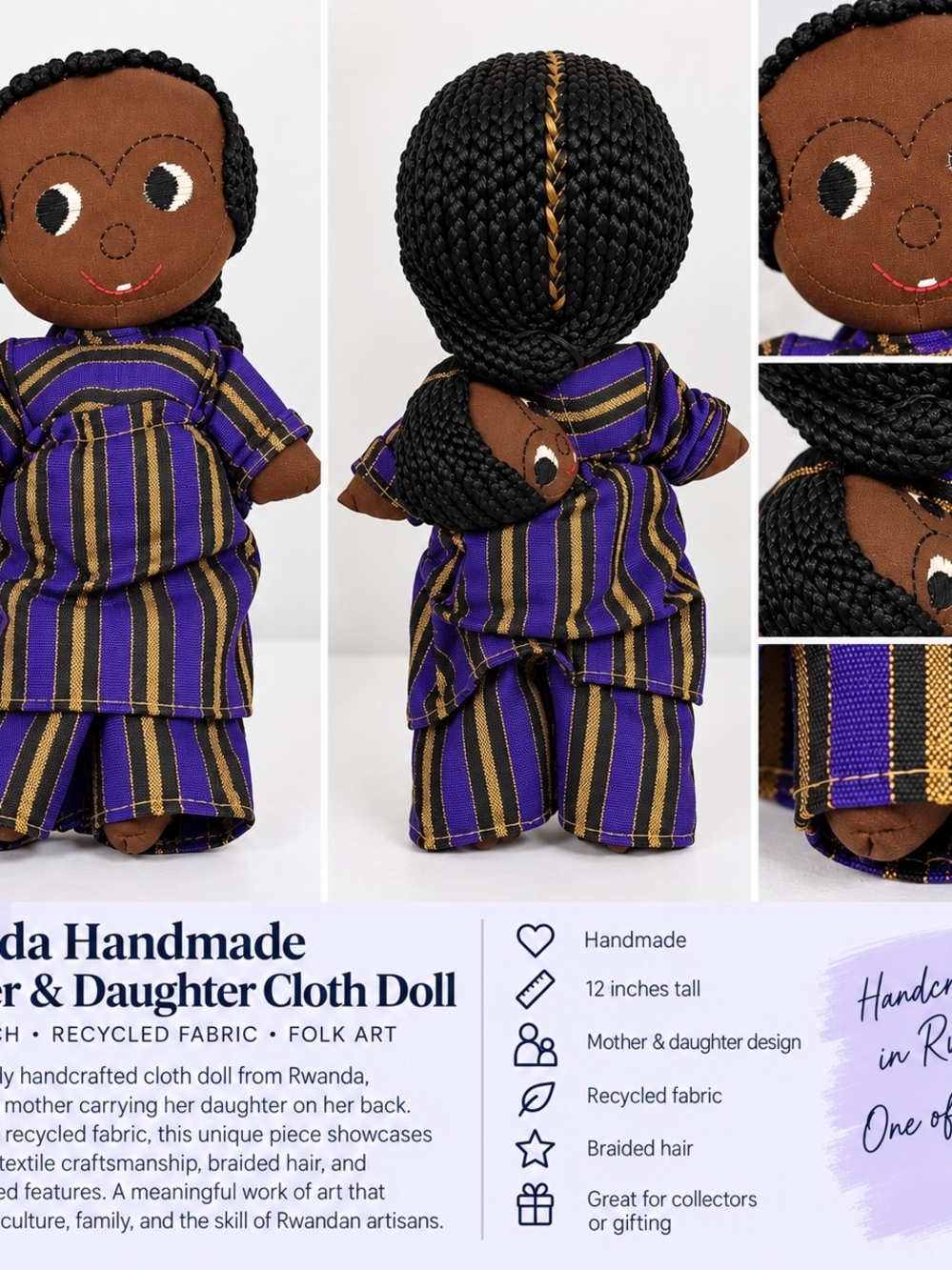 Rwanda Handmade Mother Daughter Cloth Doll Recycled Fabric 12” Folk Art